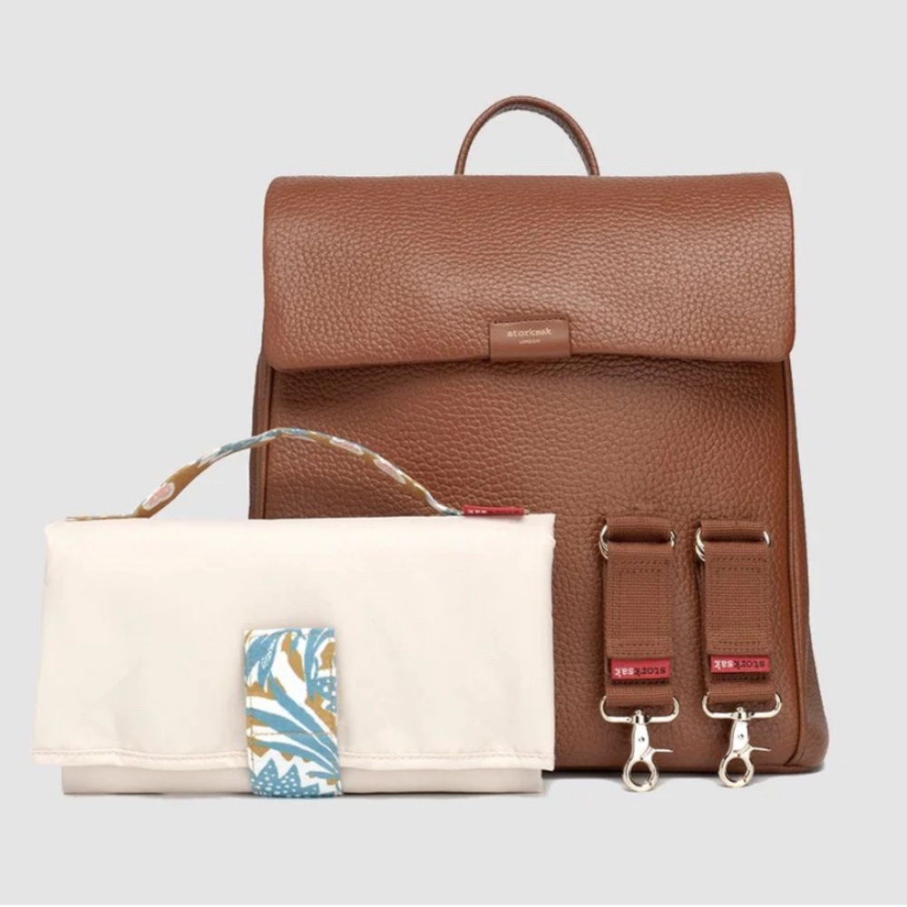 Storksak St. James Leather convertible Diaper backpack in Tan